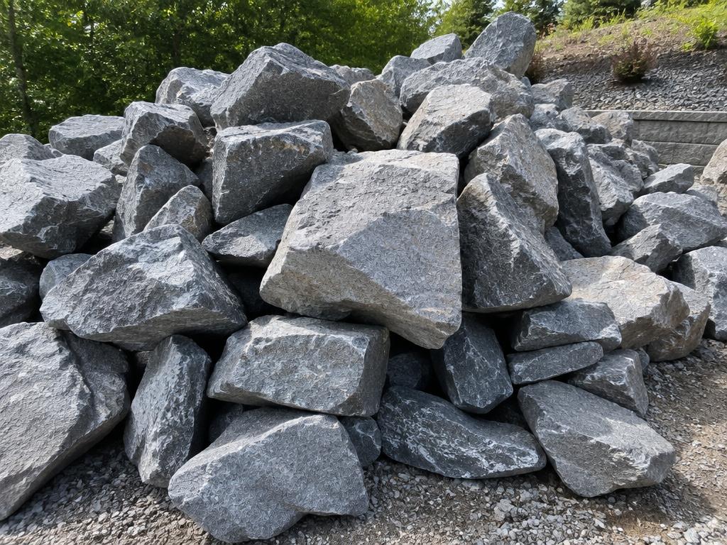 Pierres grises angulaires de taille moyenne à grosse pour muret et mur de soutènement